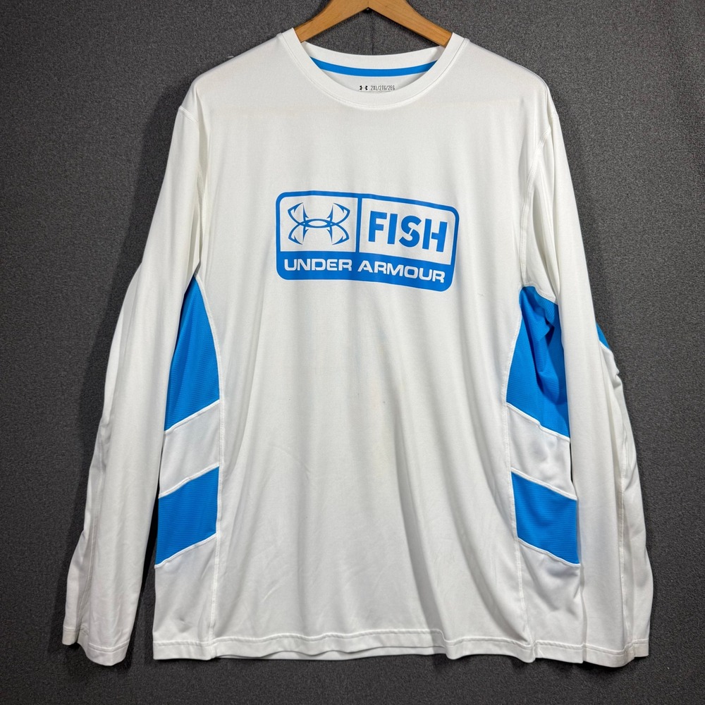 Under Armour FISH HeatGear Long Sleeve Shirt Mens 2XL White Blue 1272199